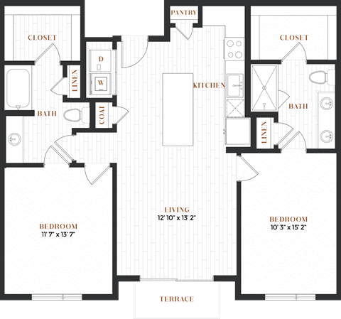 Floor plan for 2 beds, 2 baths, 1128 sqft